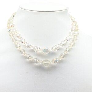 Vintage Aurora Borealis Crystal Double Strand Necklace With Faceted Beads